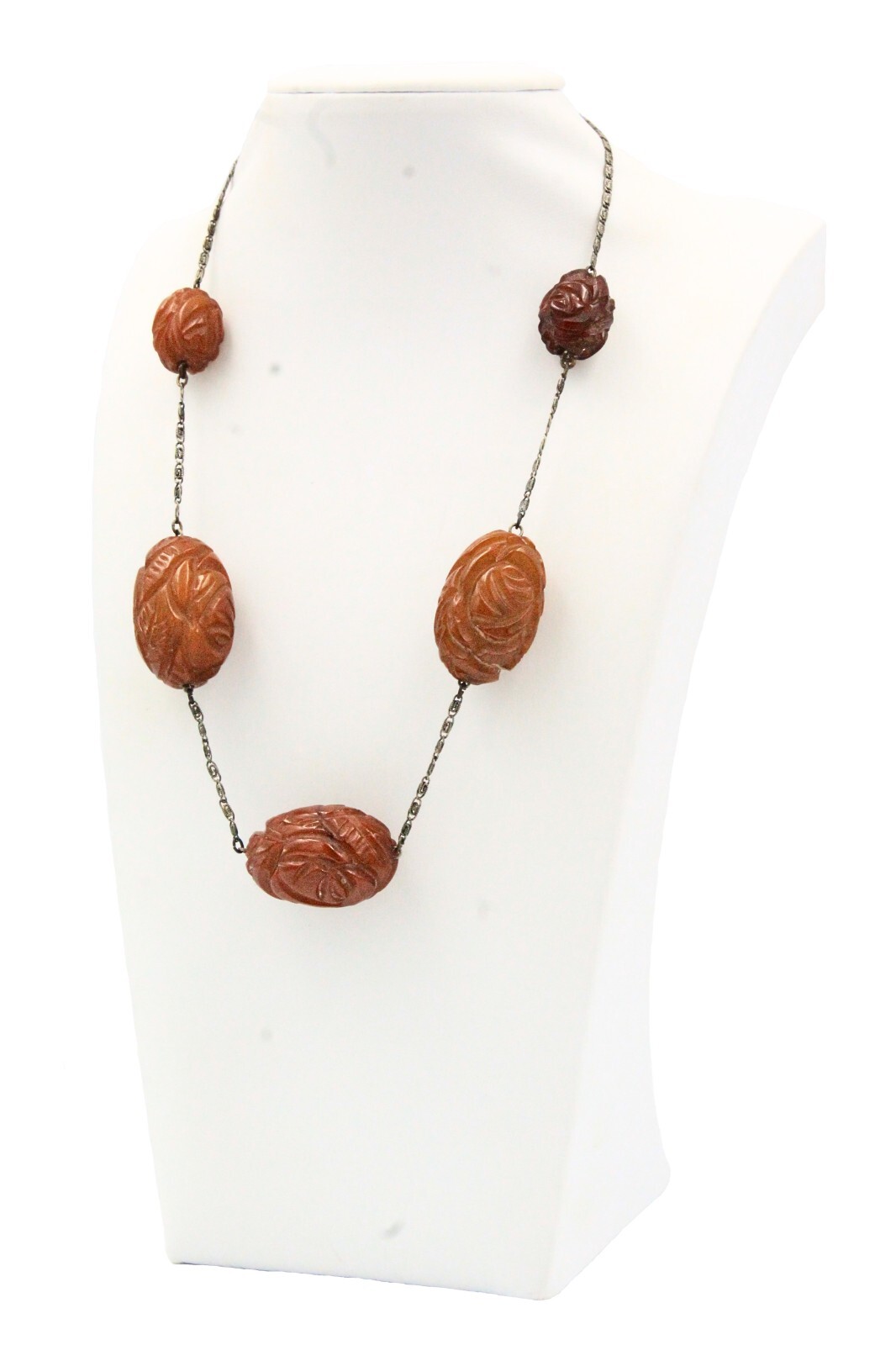 Antique Art Deco Silver 850 Carved Bakelite Flower Bead Station Necklace