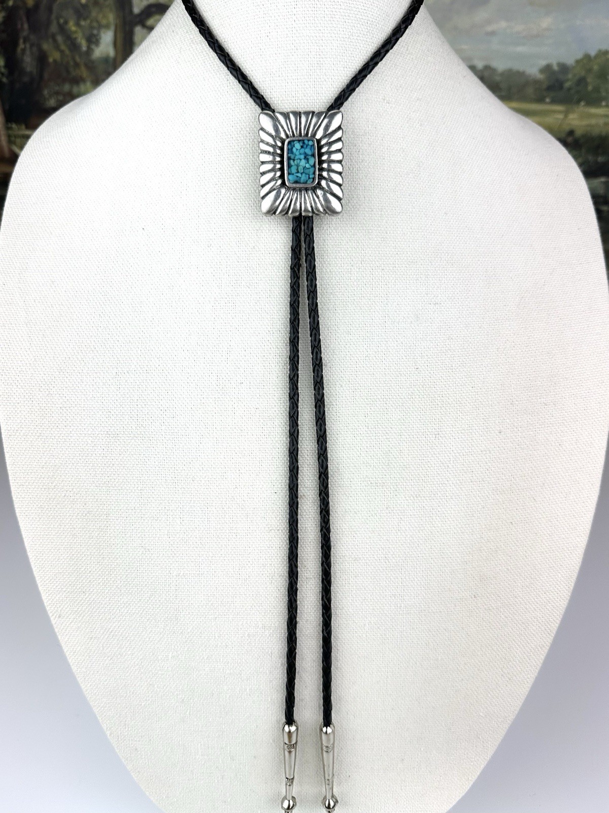 Vintage Silver Pewter Turquoise Chip Inlay Western Bolo Tie Nickel Silver Tips