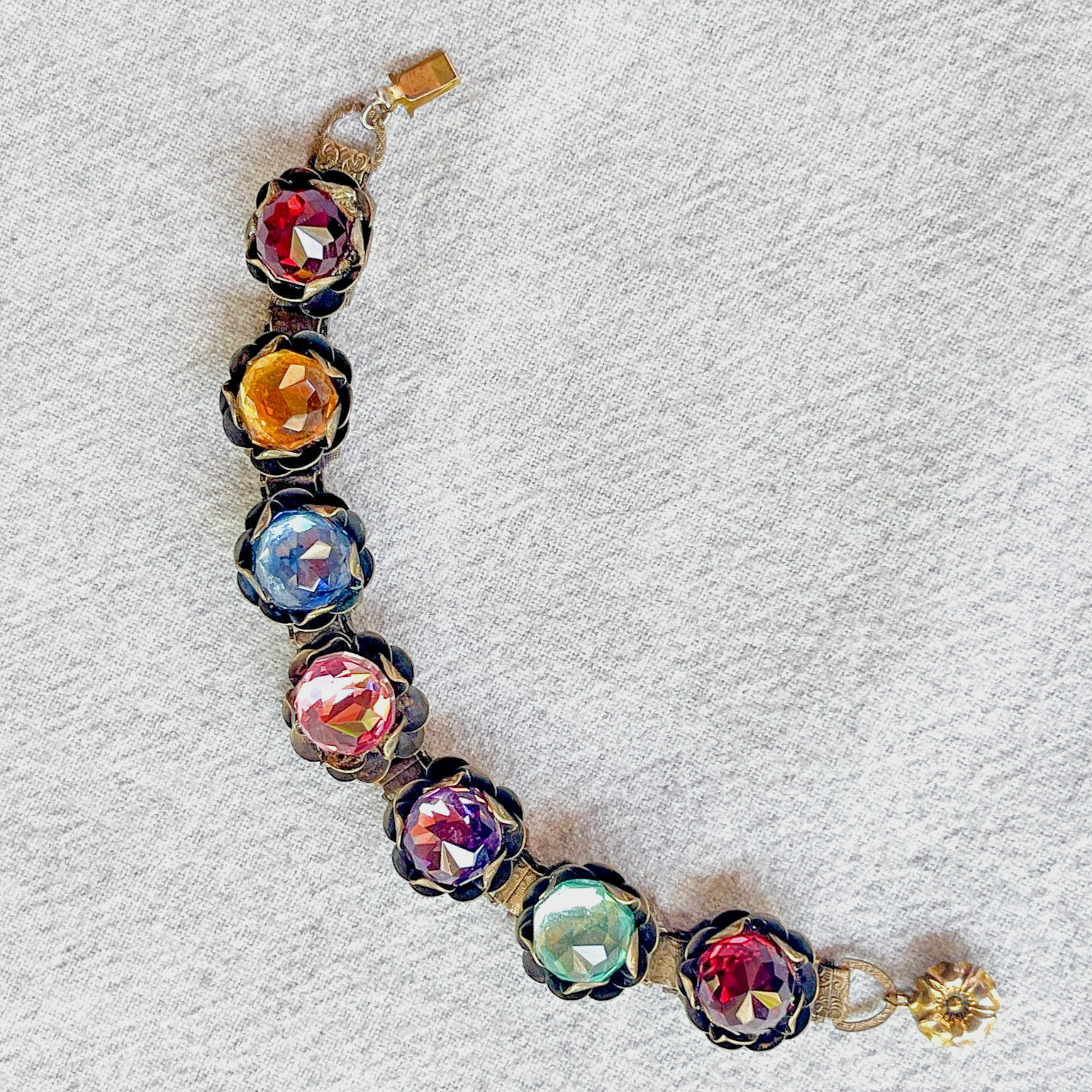 Vintage Art Glass Rainbow Bracelet Faceted Crystal Floral Brass Tone Czech Style