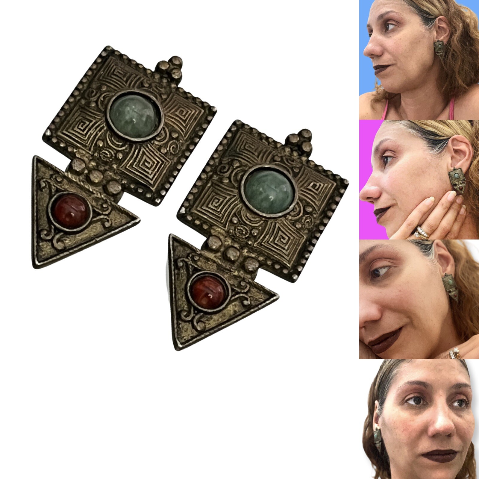 Robert Rose Vintage 90s Retro Earrings Clip On Gothic,grunge Drop Blue Cabochon
