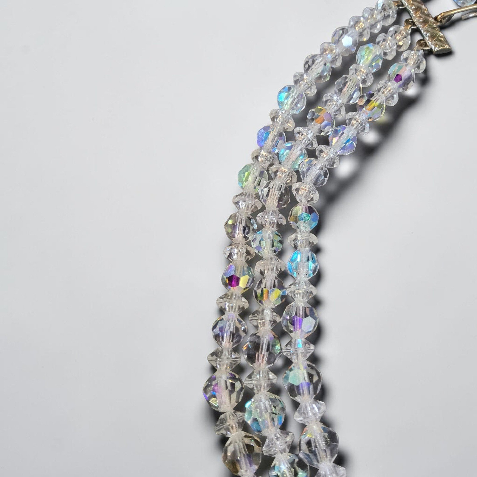 Vintage Aurora Borealis Crystal Necklace 3 Strand Clear Glass Choker Collar AB
