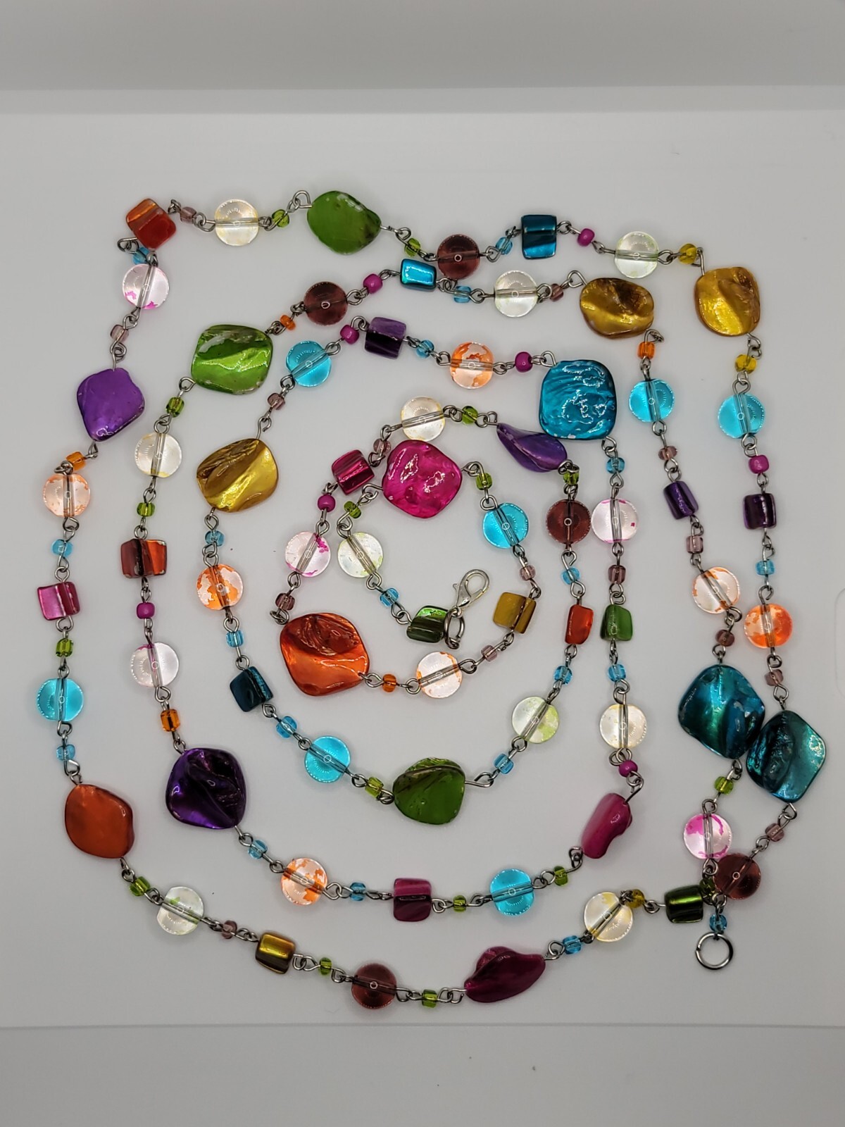 71″ Vintage Wear Repair Craft Multicolored Glass And Shell Necklace