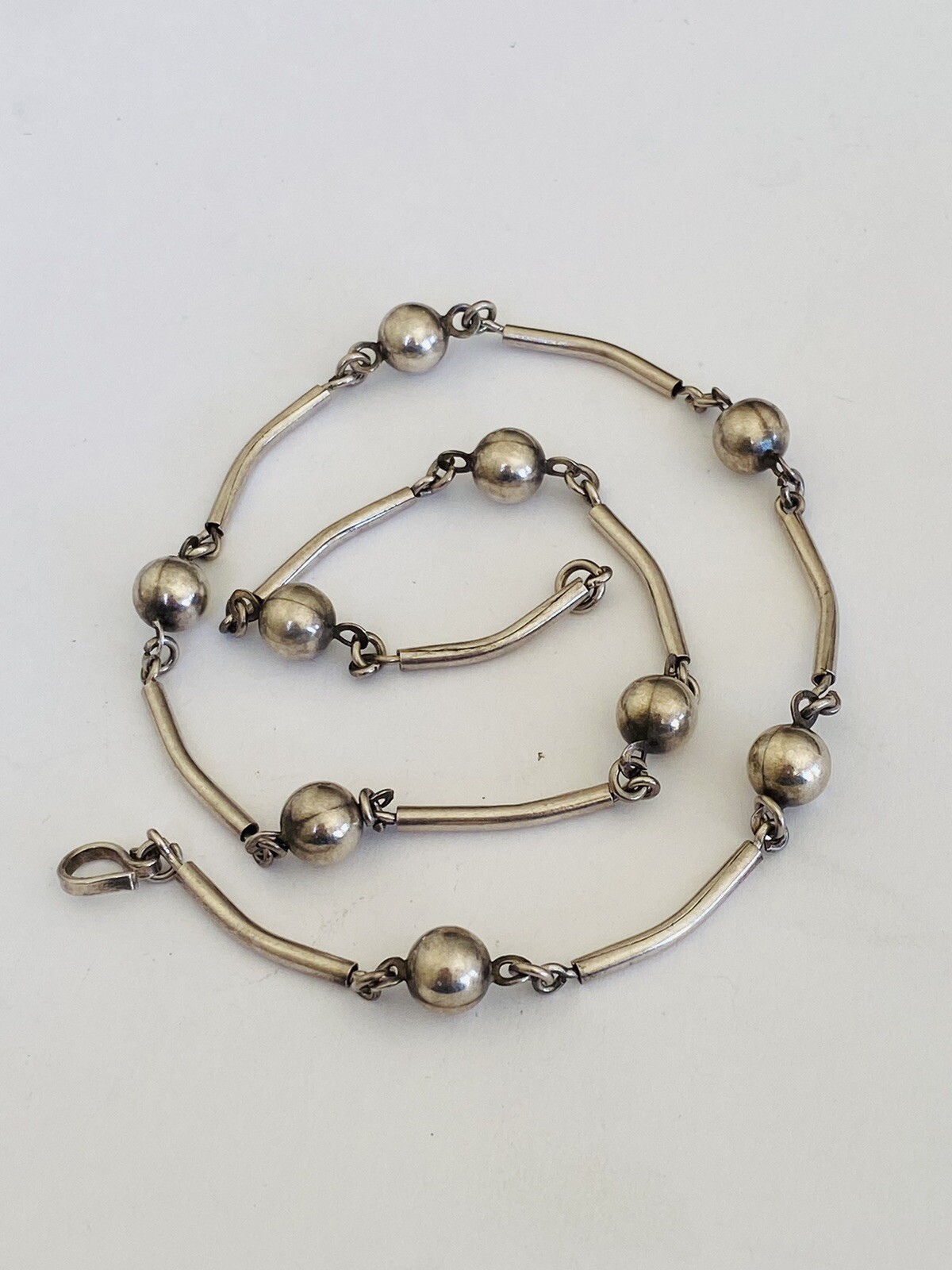 Vintage Sterling Silver Modernist Bar & Ball Bead Station Link Necklace 16-Grams