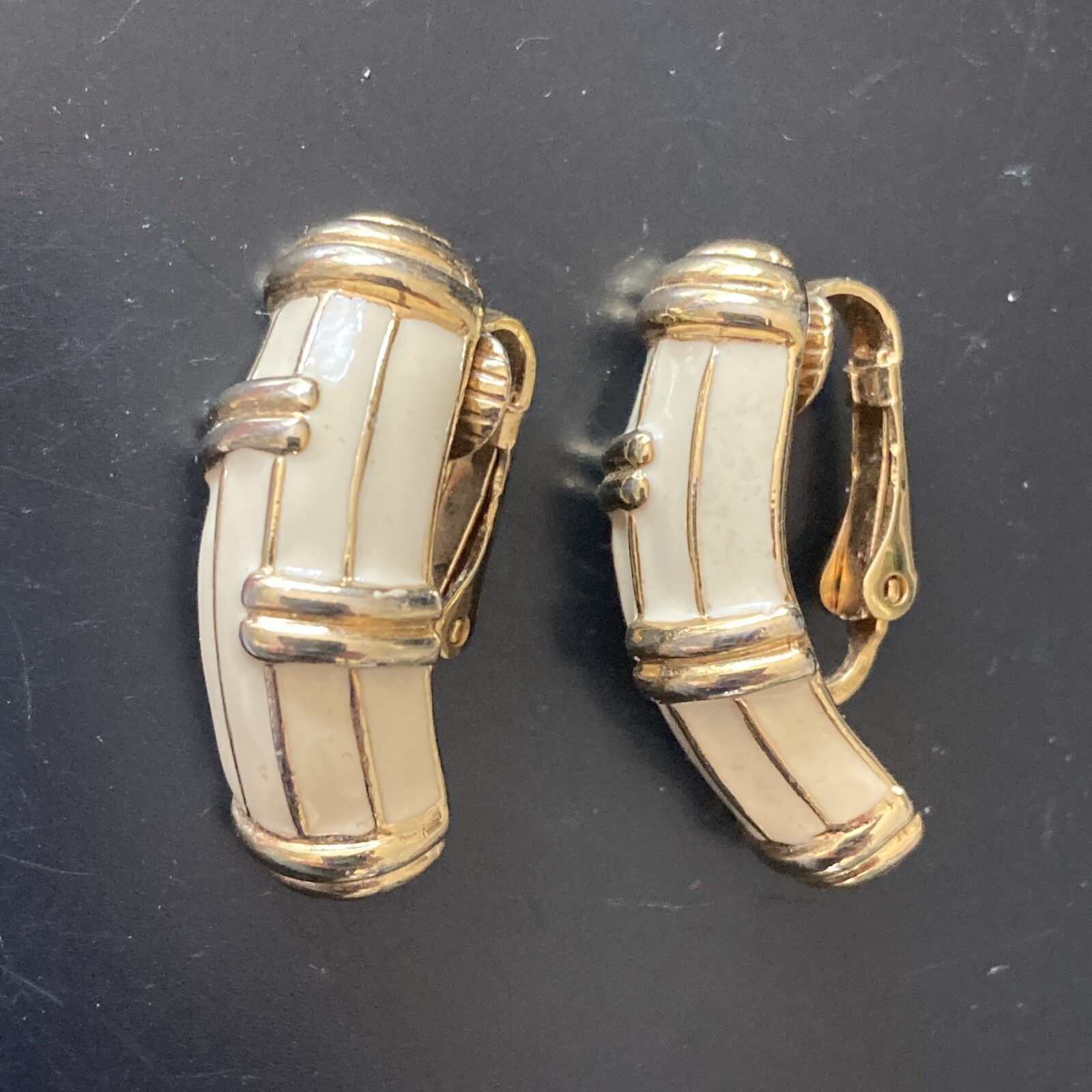 Vintage Ivory Cream and Gold Tone Enamel Clip On Earrings
