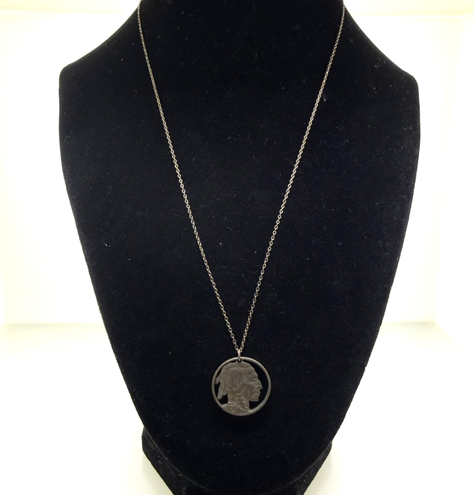 1936 Buffalo Nickel Cut Out Pendant Sterling Silver Necklace 18” Vintage
