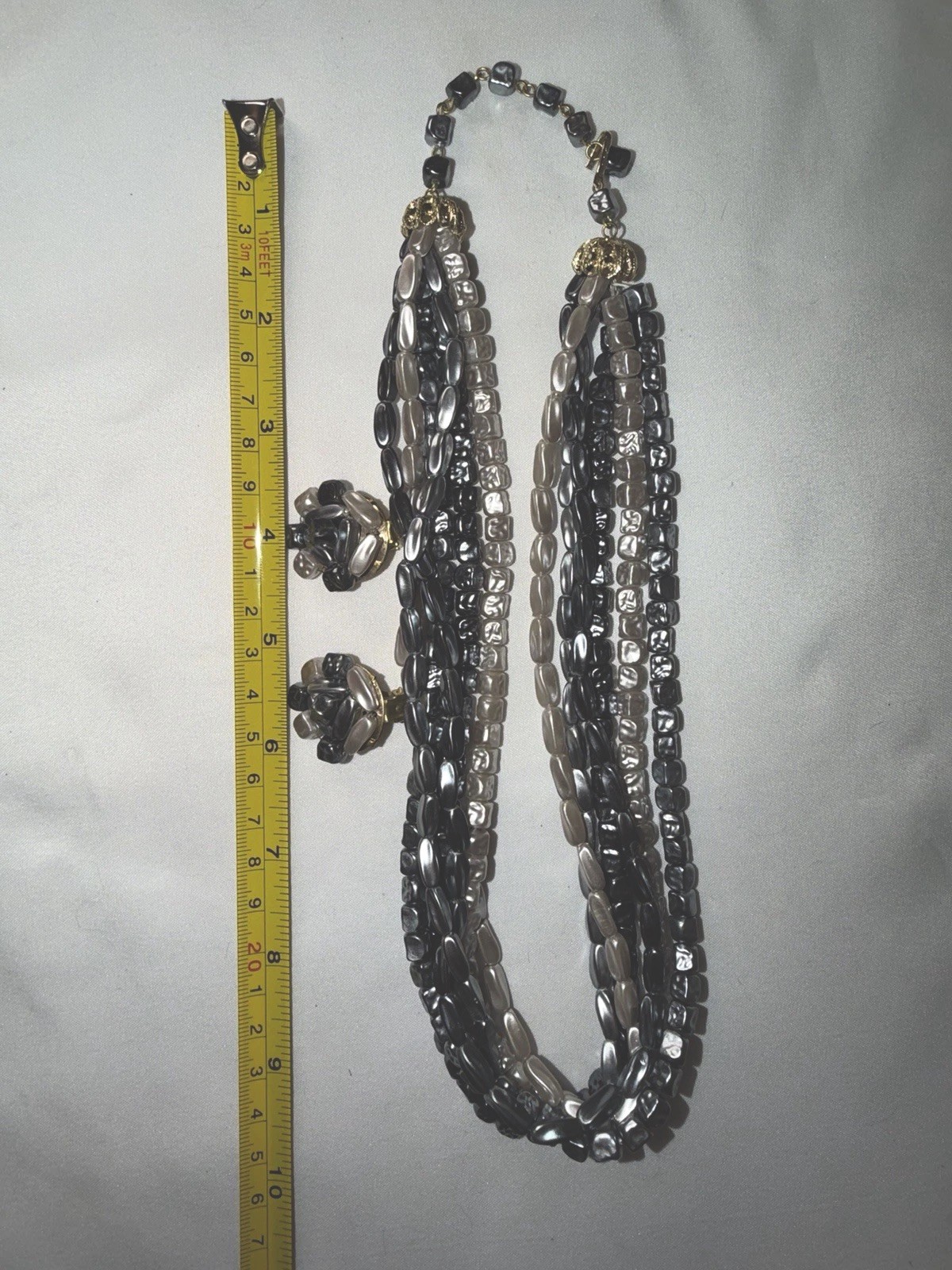 Vintage Hong Kong Marbled Gray Beads Different Shapes Multi Strand Necklace