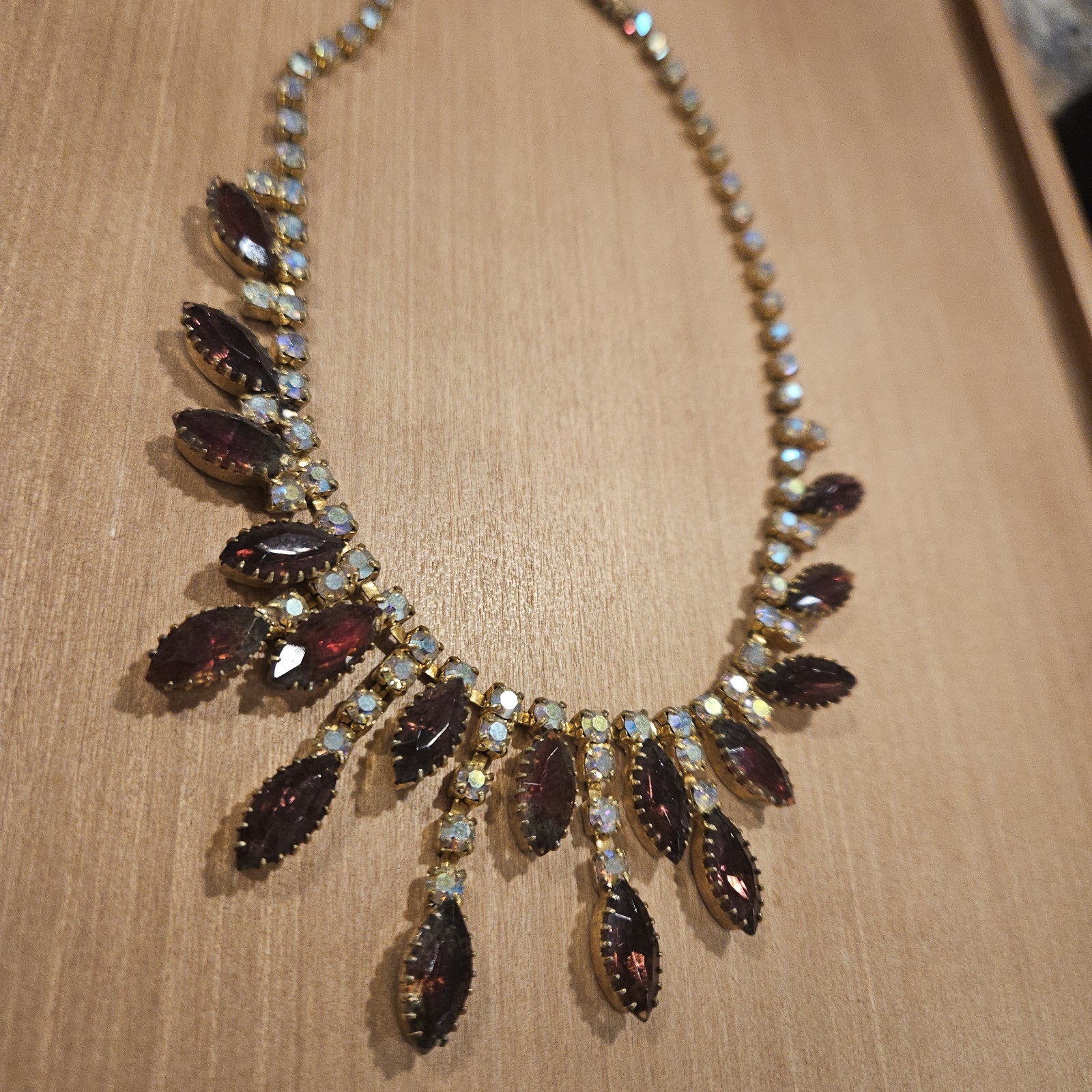 Vintage Garnet Drippy Bib Necklace Aurora Borealis Crystal Valentine Runway