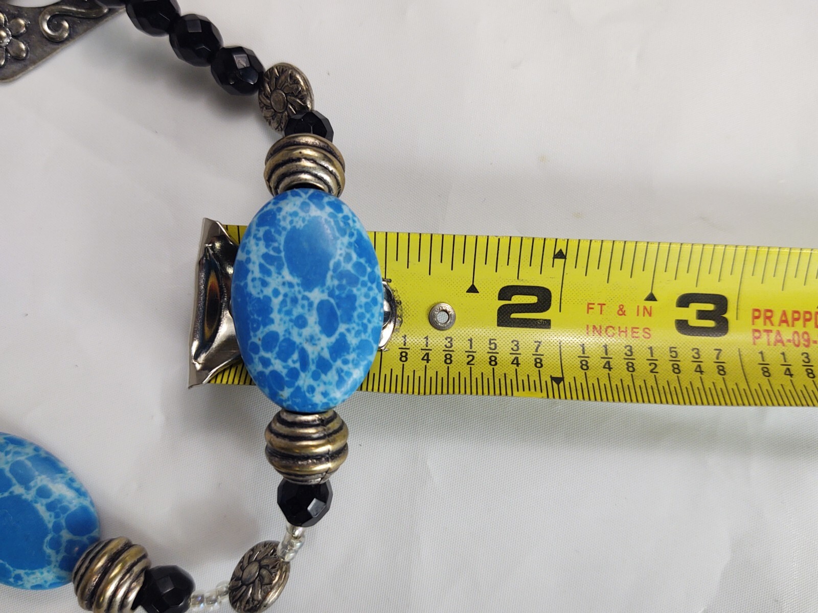 Vtg Beaded Necklace Toggle Closure Blue Black Silver Tone Beads Costume Jewelry