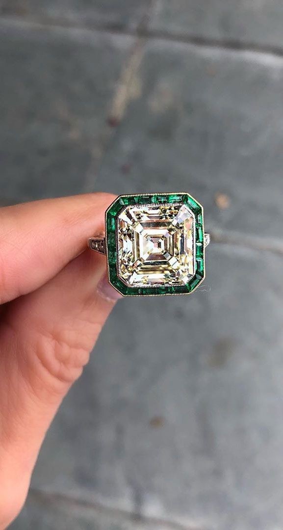 Art Deco Asscher Cut Lab Created Diamond and Emerald Halo 14K White Gold FN Ring