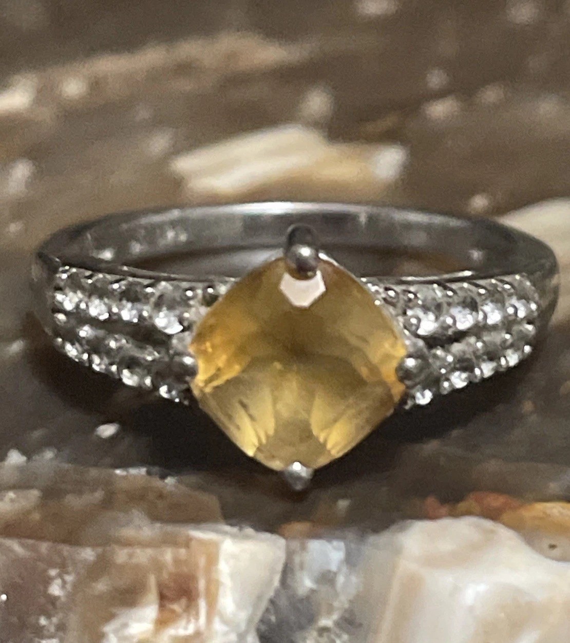 Citrine, Cubic Zirconia & Sterling Silver Cocktail Ring Size 7