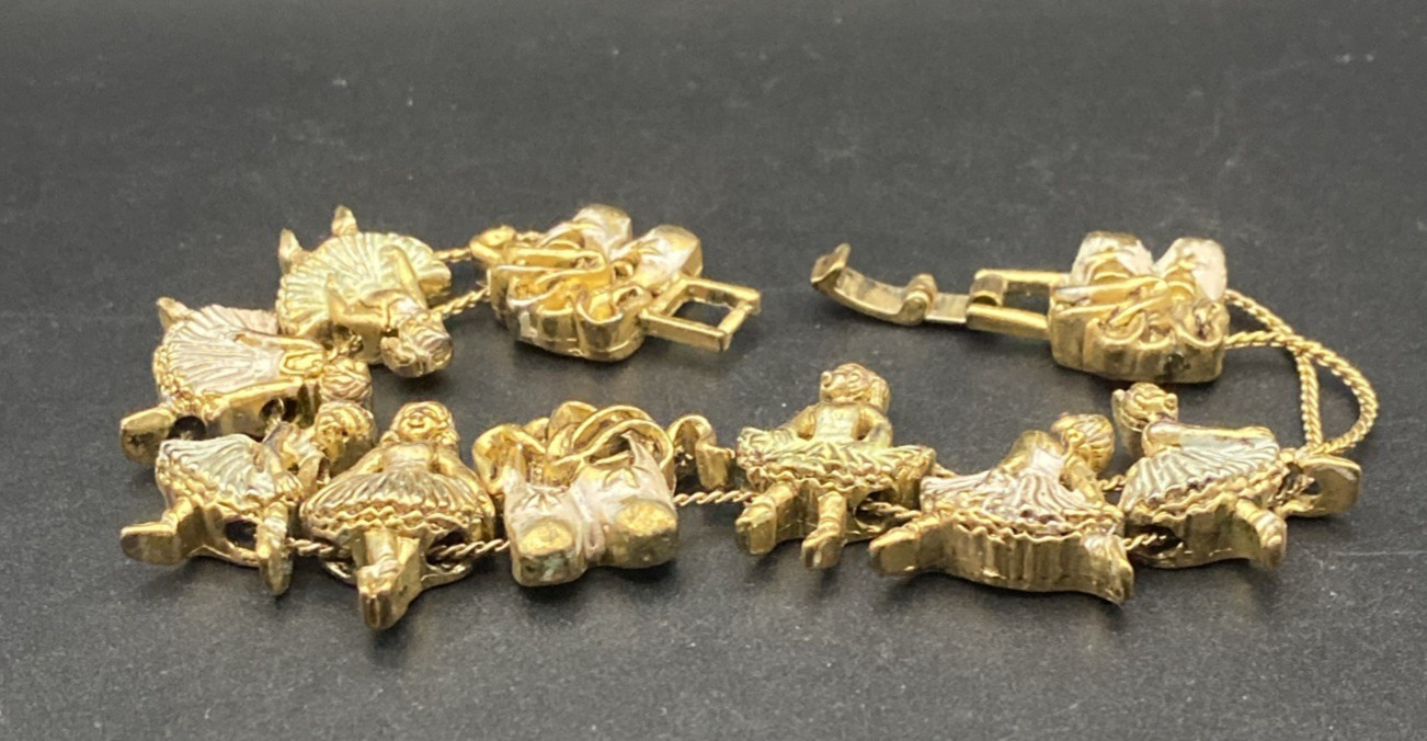 Vtg Ballerina Slide Charm Bracelet Ballet Dance Slippers Silver Wash Gold Tone