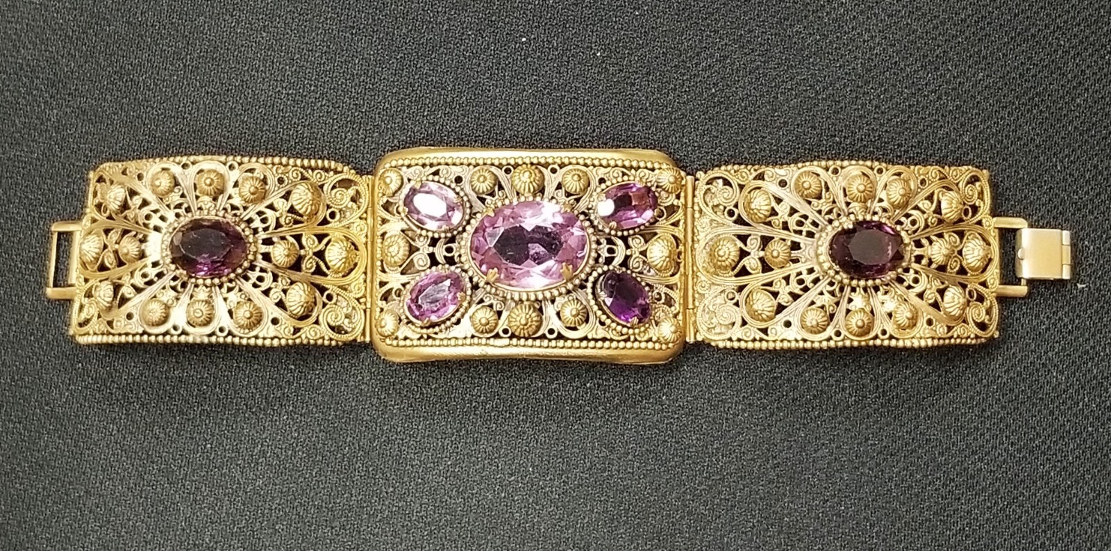 Georgian Style Czech Open Back Amethyst Cannetille Wire Work Panel Bracelet