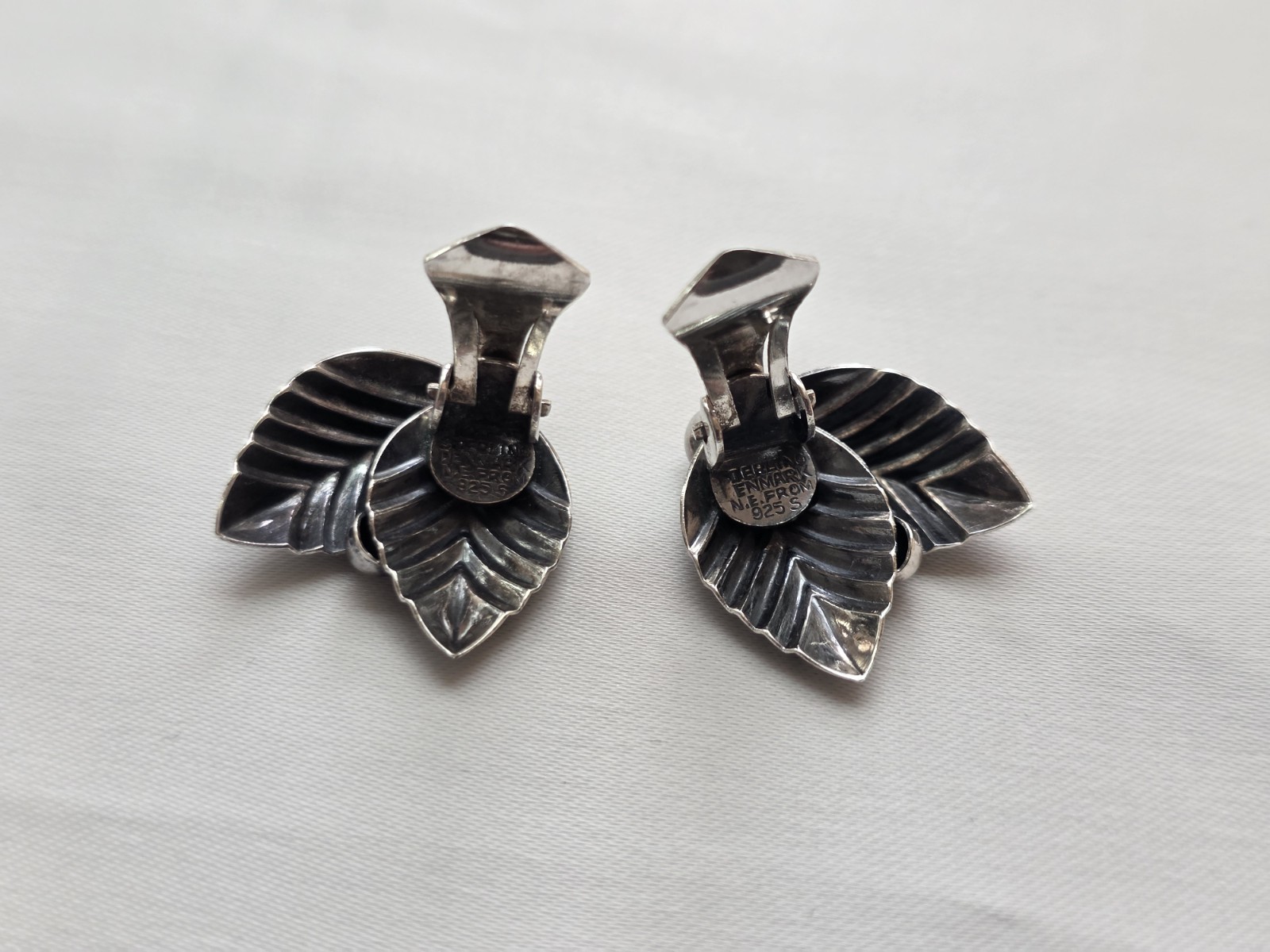 Vintage Signed N.E. From Danish 925 Silver Leaf Earrings MCM Denmark Clip On