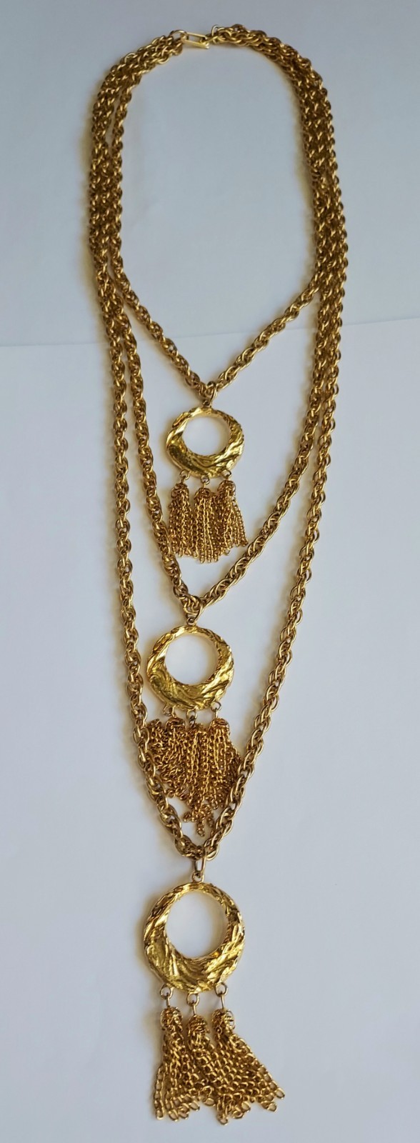 Vintage Multi Strand Festoon Tassel Necklace Circle Pendant Gold Tone Statement