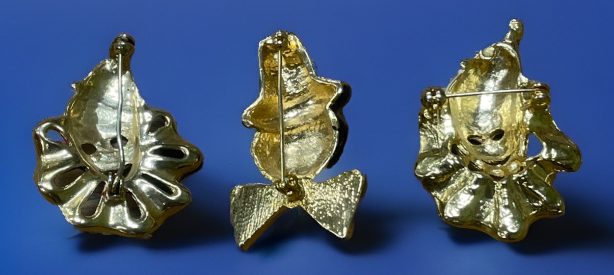 Vintage Clown Masks Brooch Pin Lot of 3 Gold Tone Rhinestones & Enamel