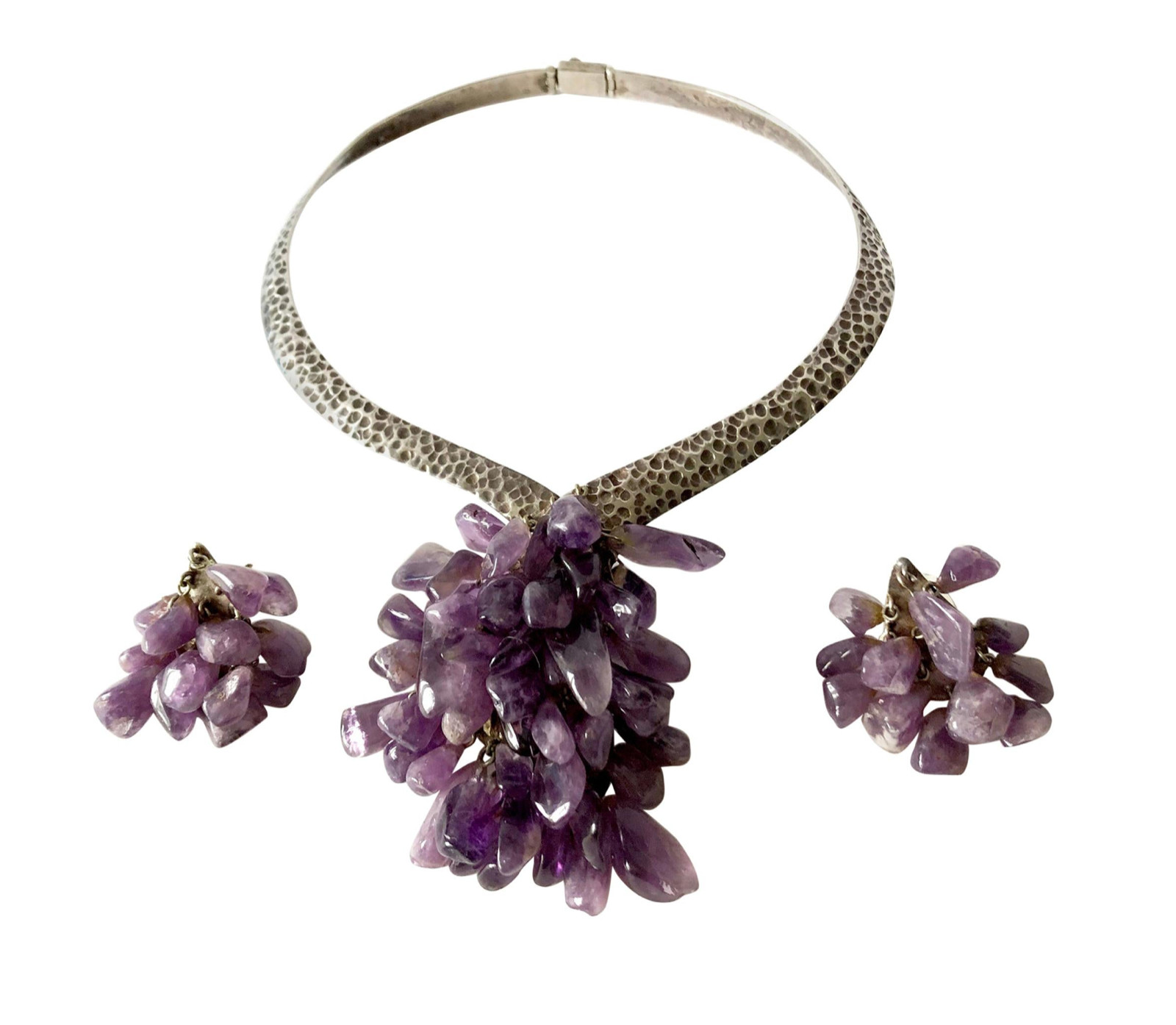 Los Castillo Sterling Silver Amethyst Mexican Modernist Necklace Earrings Set