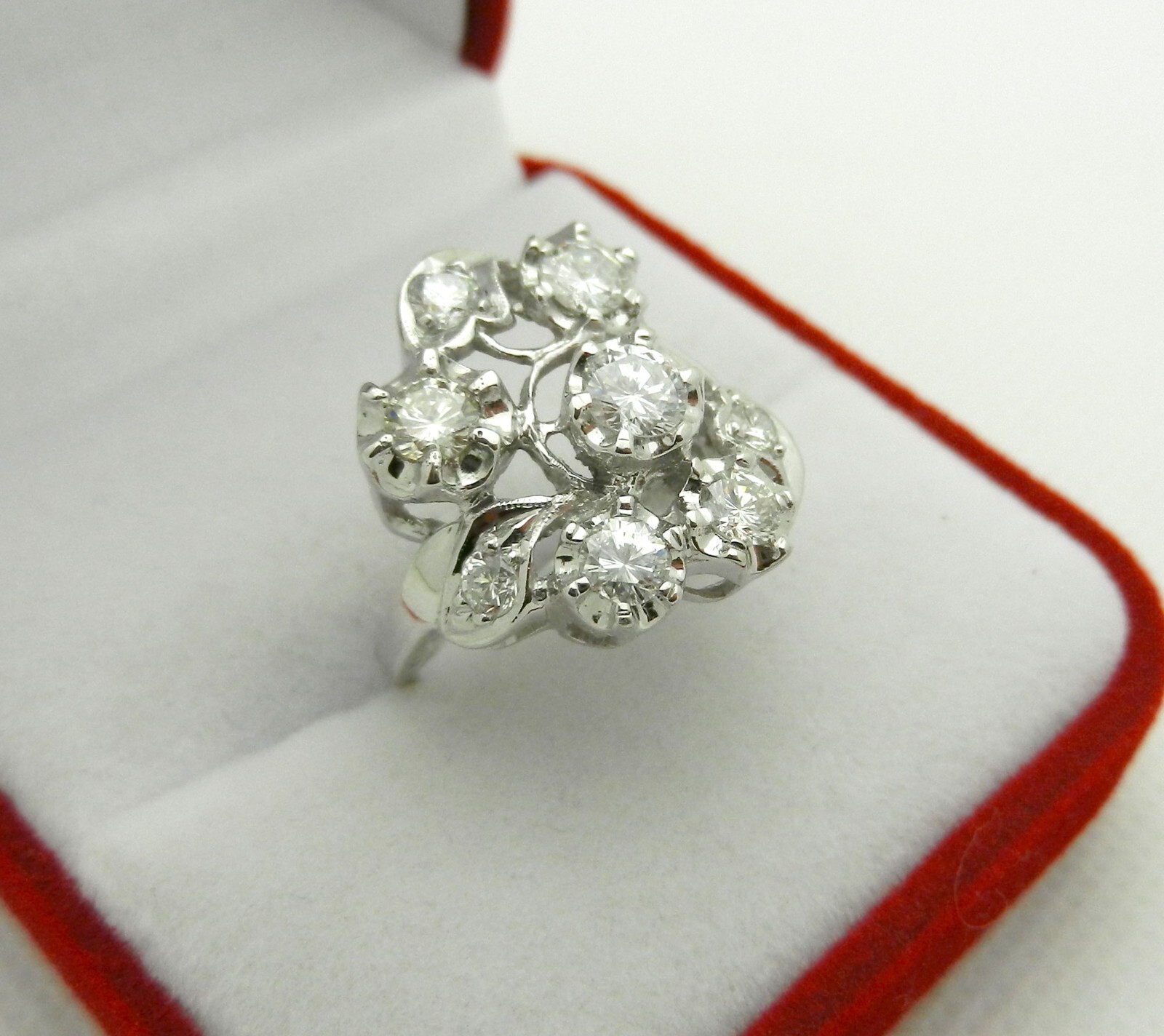 Vintage Art Deco 14k White Gold Cluster Natural Diamonds 1.25 ct Cocktail Ring