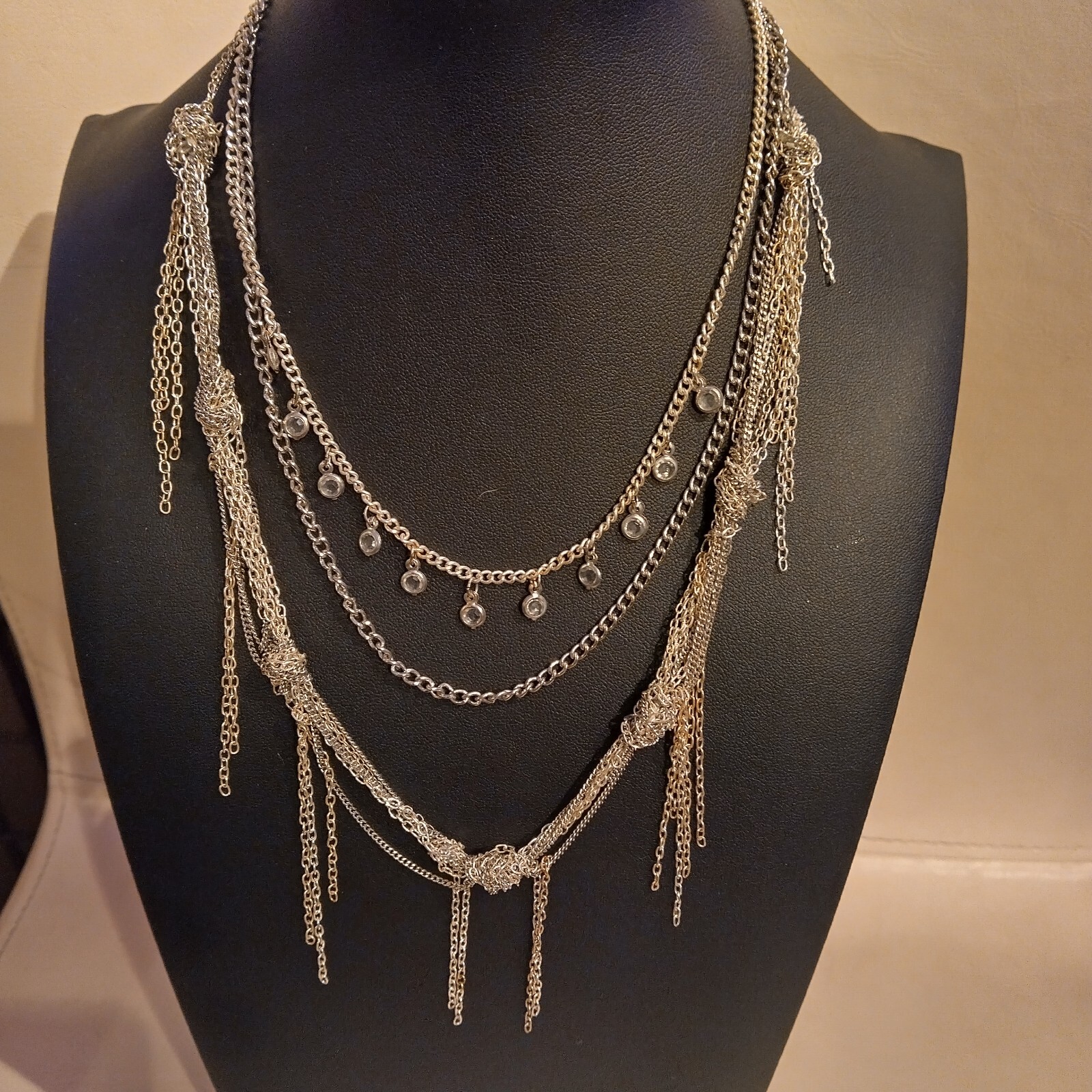 Express Multi Layer Knotted Chain Crystal Fringe Statement Necklace 14″ E001