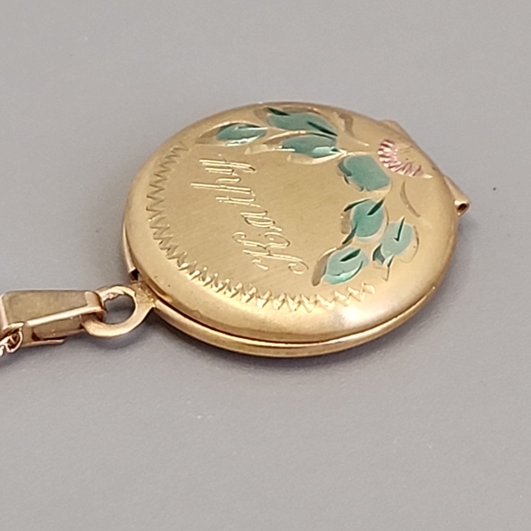 Vintage Locket Necklace Etched Kathy Gold Filled Enamel Accents 18″