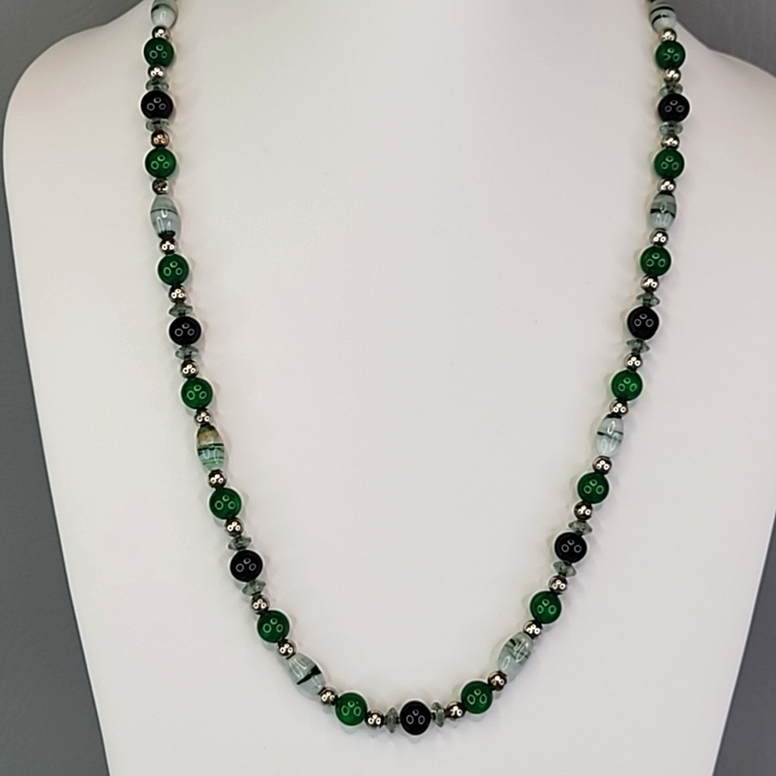 Vintage Glass Necklace Green Striped 24″