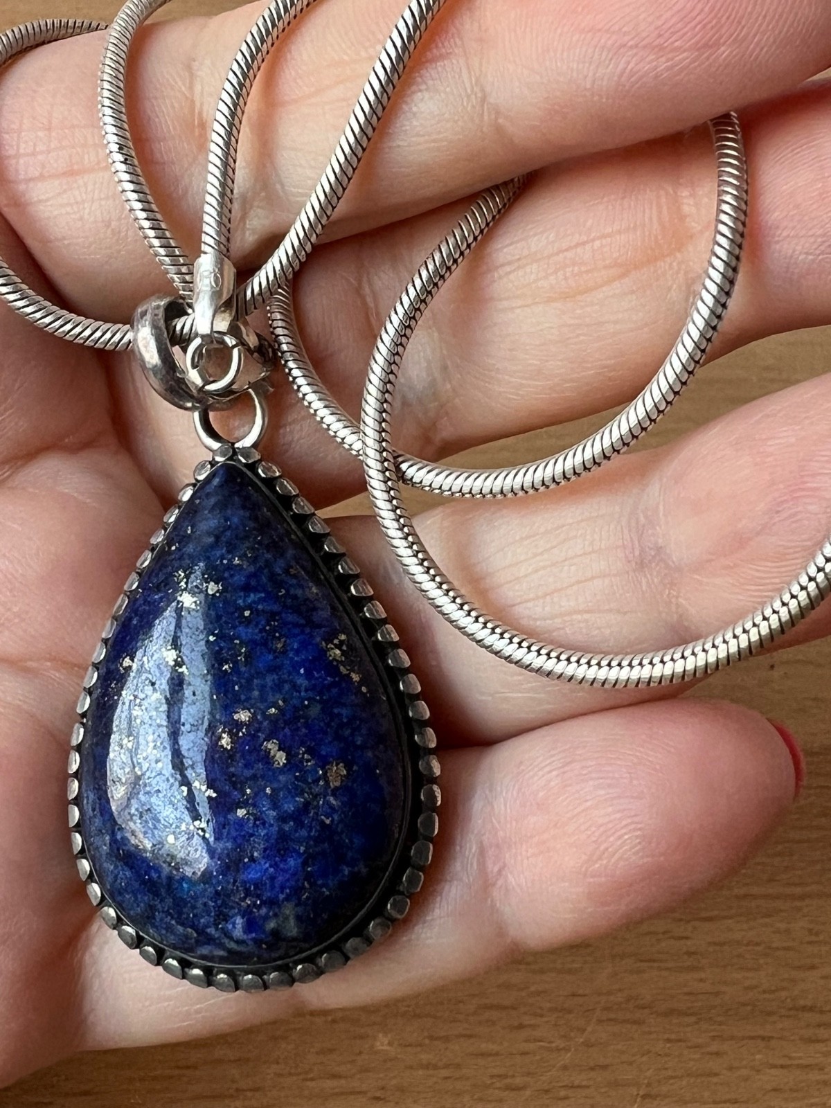 VINTAGE LARGE LAPIS LAZULI PENDANT THICK SNAKE CHAIN NECKLACE 925 STERLING SLVER