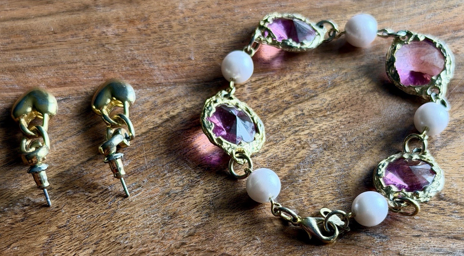 Paired Gold Tone Pink Stone Pearl Bracelet & Heart Dangle Pierced Earrings Korea