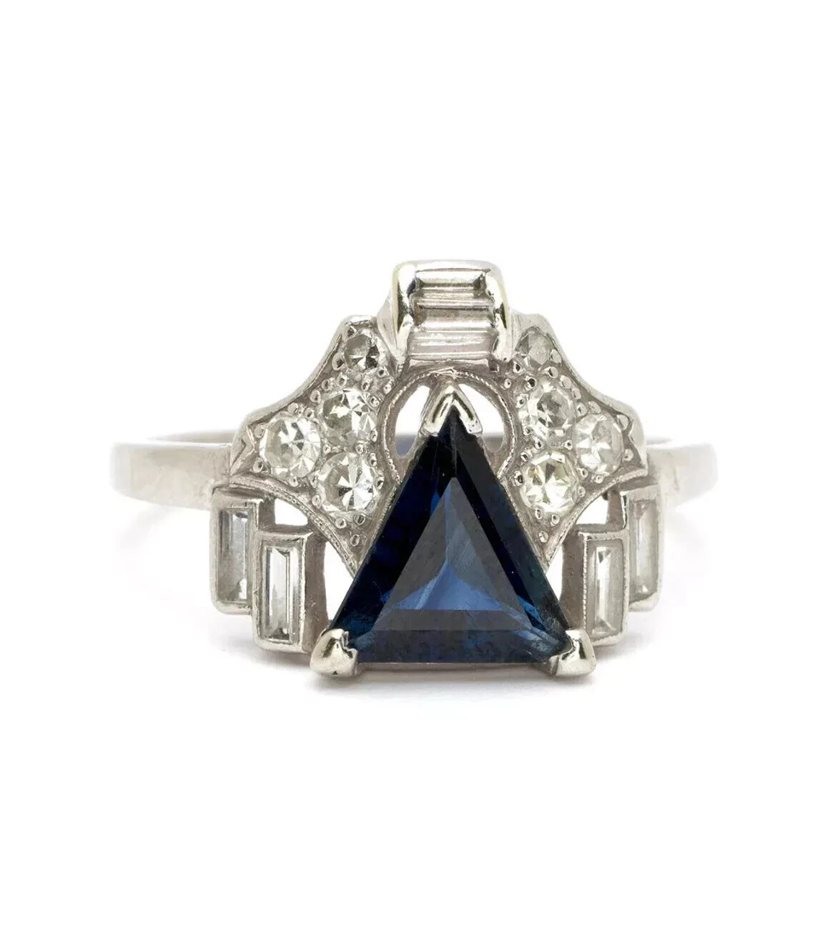 Art Deco Style Sapphire& Lab Created Diamond 14k White Gold FN Engagement Ring