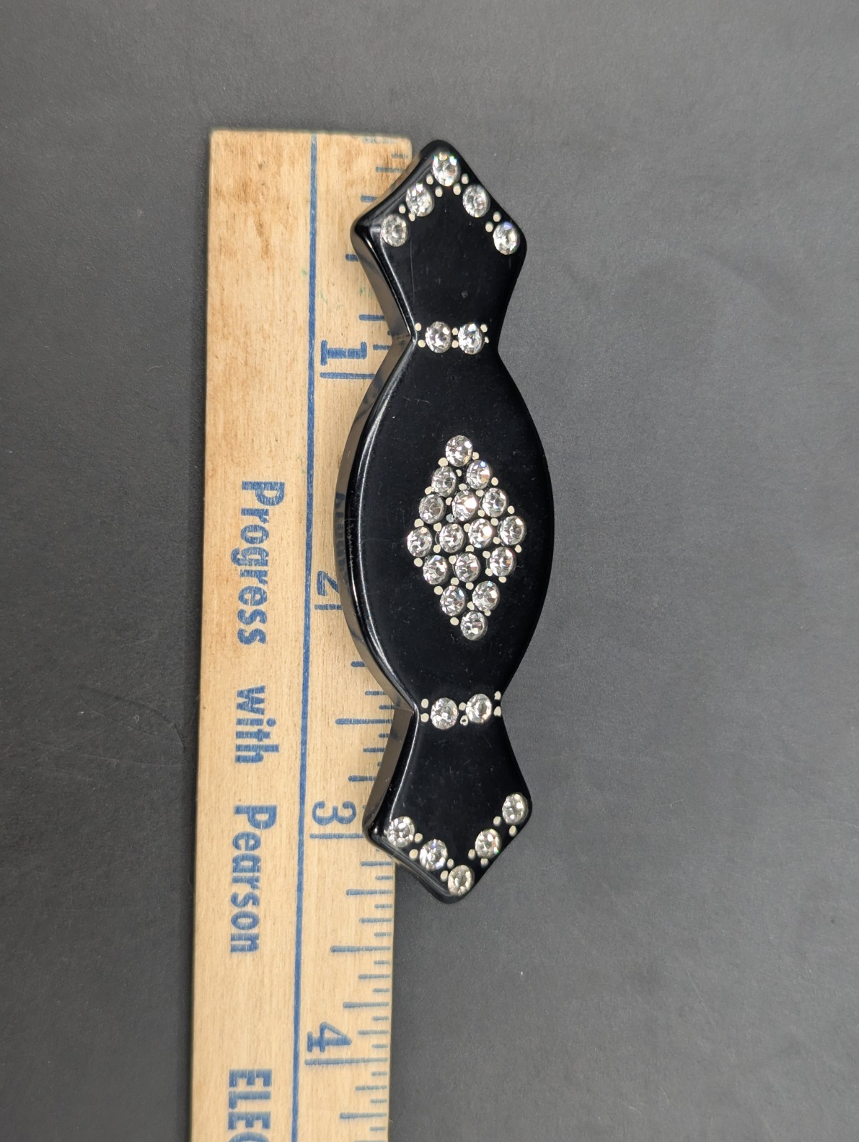 Vintage Art Deco Black Bakelite Celluloid Rhinestone Brooch Pin Candy Lozenge