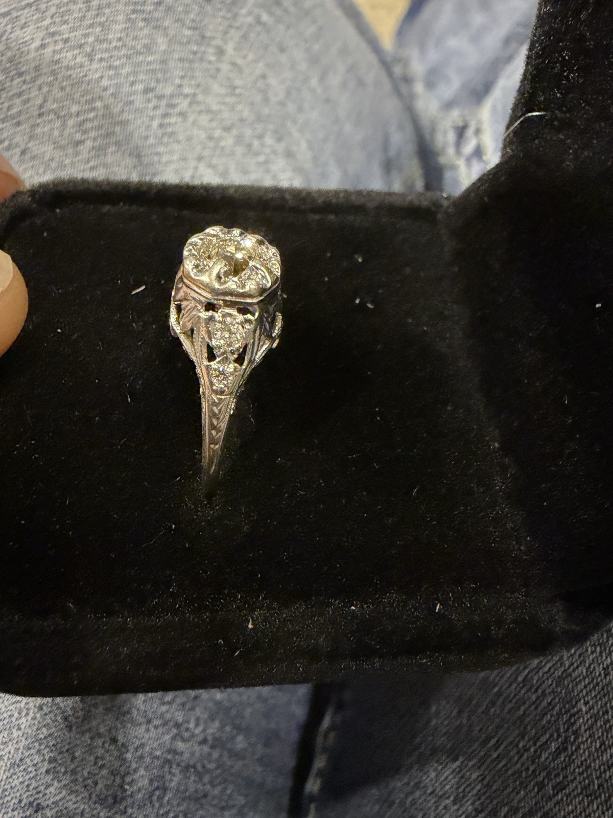 One vintage 18 karat white gold diamond ring with 5 Old European Cut Diamonds.