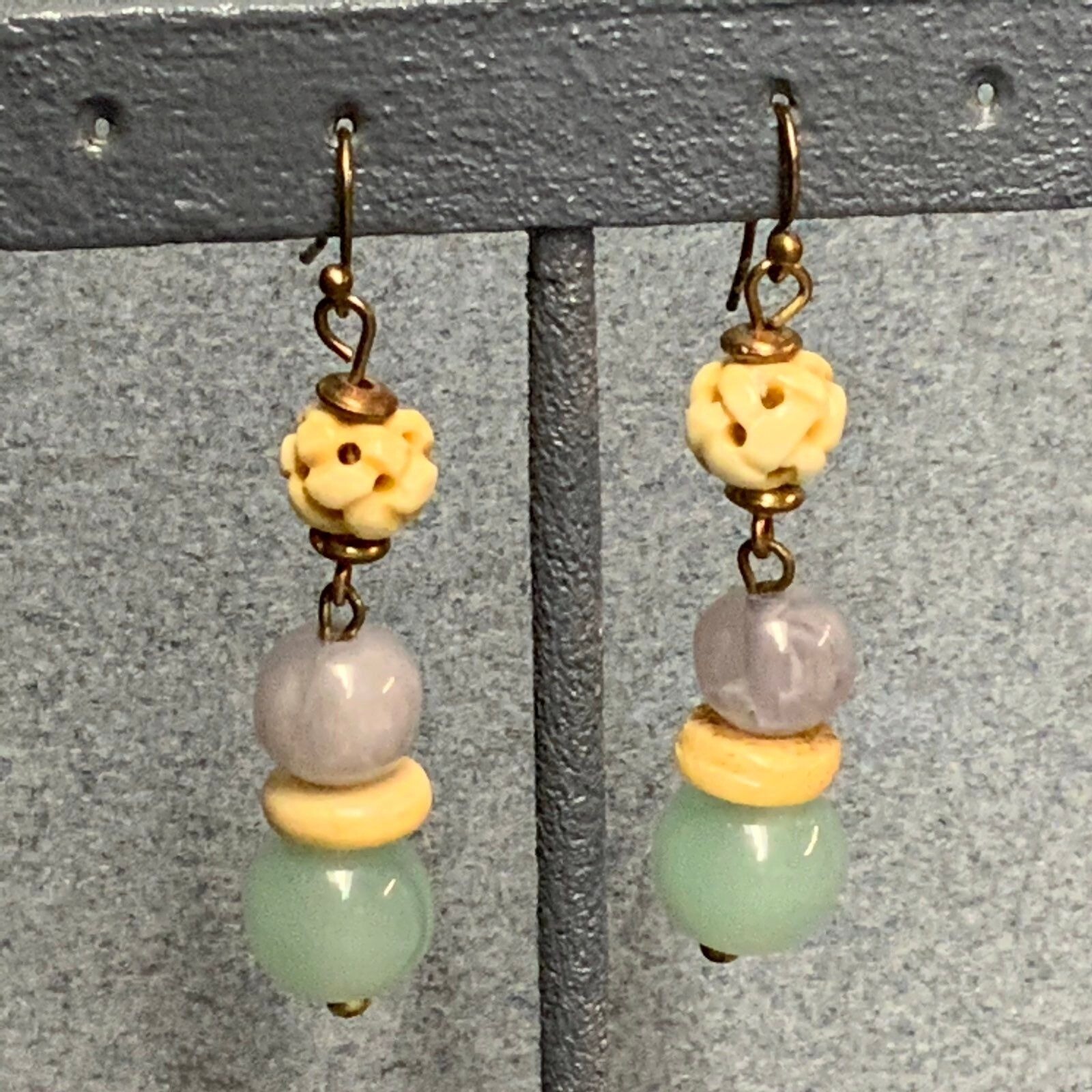 Cream Dangle Pierced Earrings As Is Green Purple Gold Glass Pierced Retro Boho