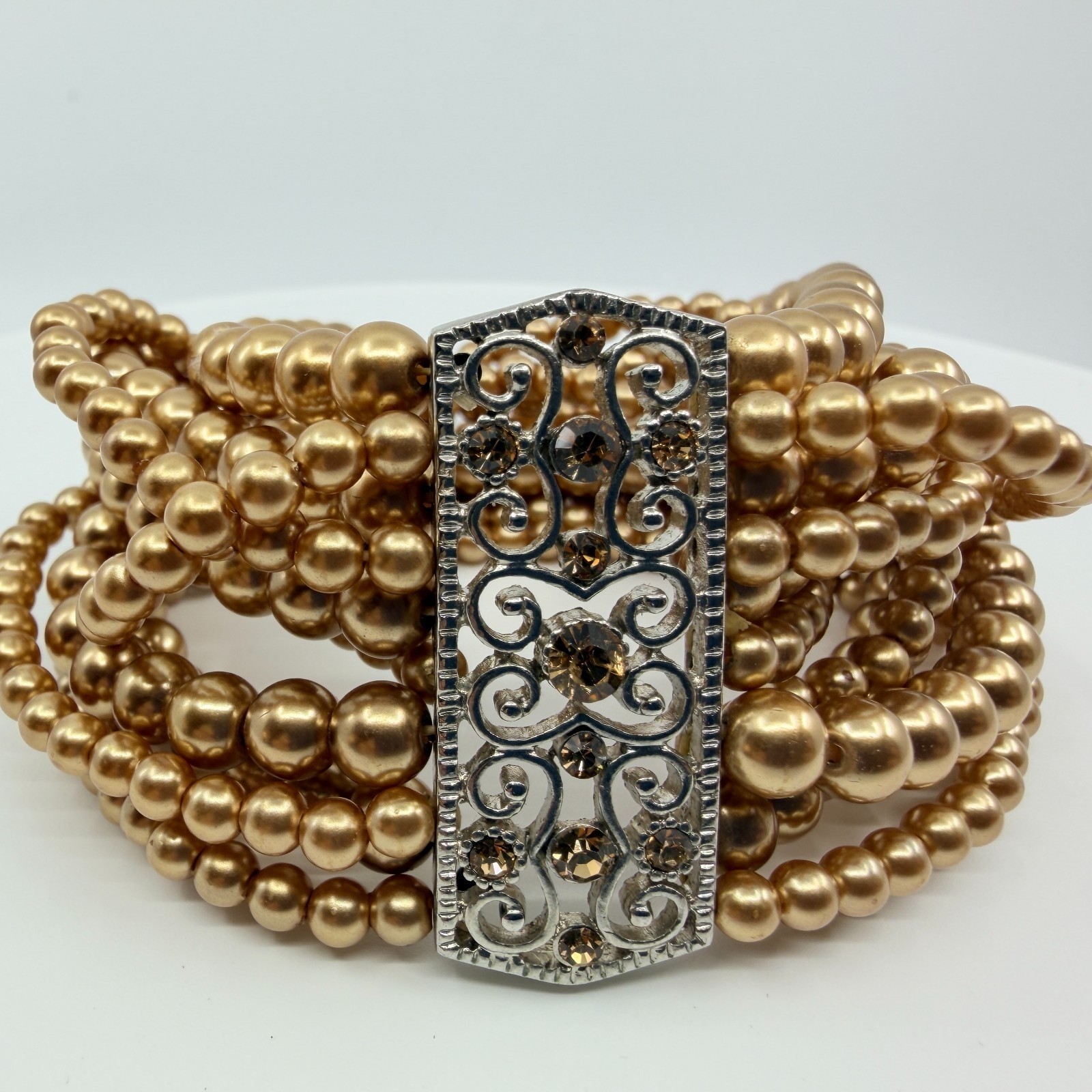 Bracelet Vintage Champagne Faux Pearl Multi Strand Silver Tone Filigree Retro