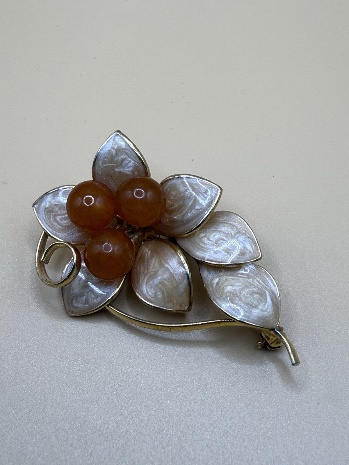 Gold Tone, Enamel And Acrylic Orange Berry/Flower Spray Brooch Pin