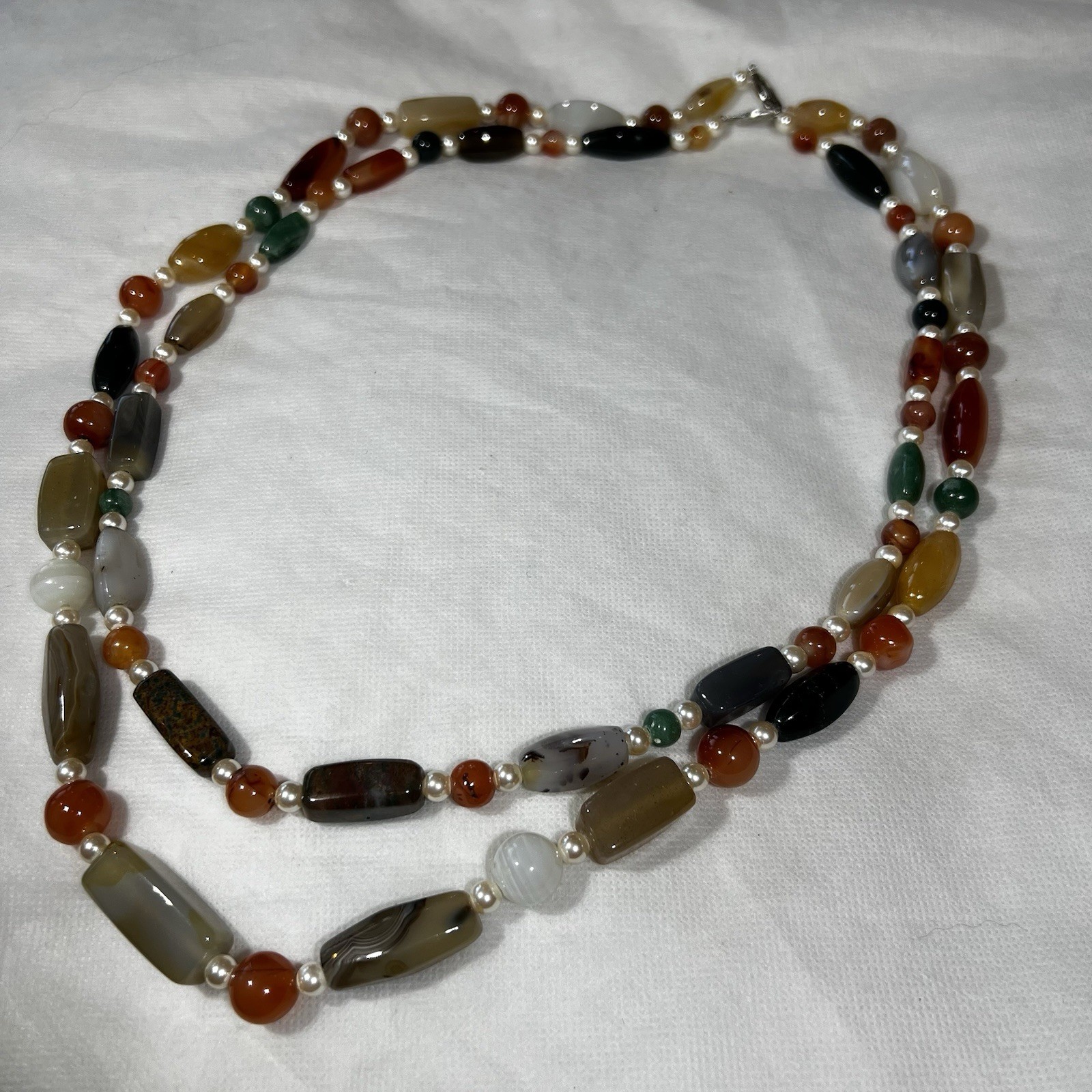 2 Vintage 1960s Semi-Precious Stone Polished Agate Quartz Silver Bead Necklace