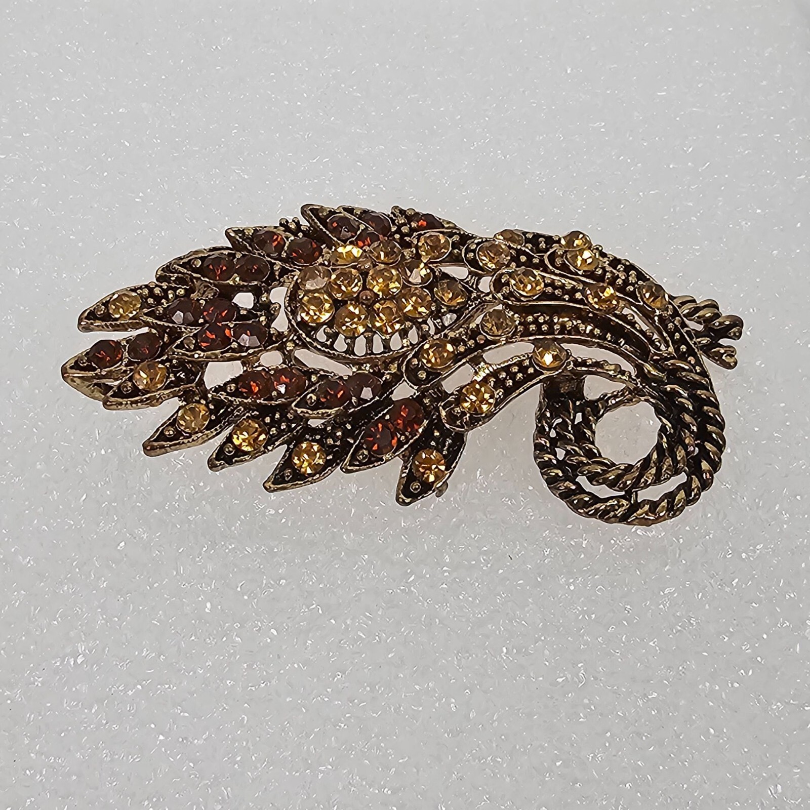 Vintage Yellow Brown Crystal Rhinestone Floral Big Brooch Pin Pendant Gold Tone