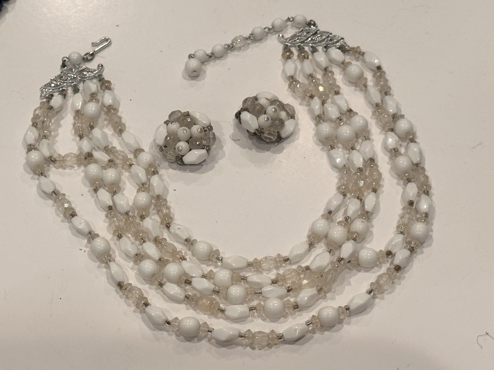 WEST GERMAN JAPAN WHITE BLACK GLASS LUCITE BEAD NECKLACE CLIP ON EARRING SET LOT