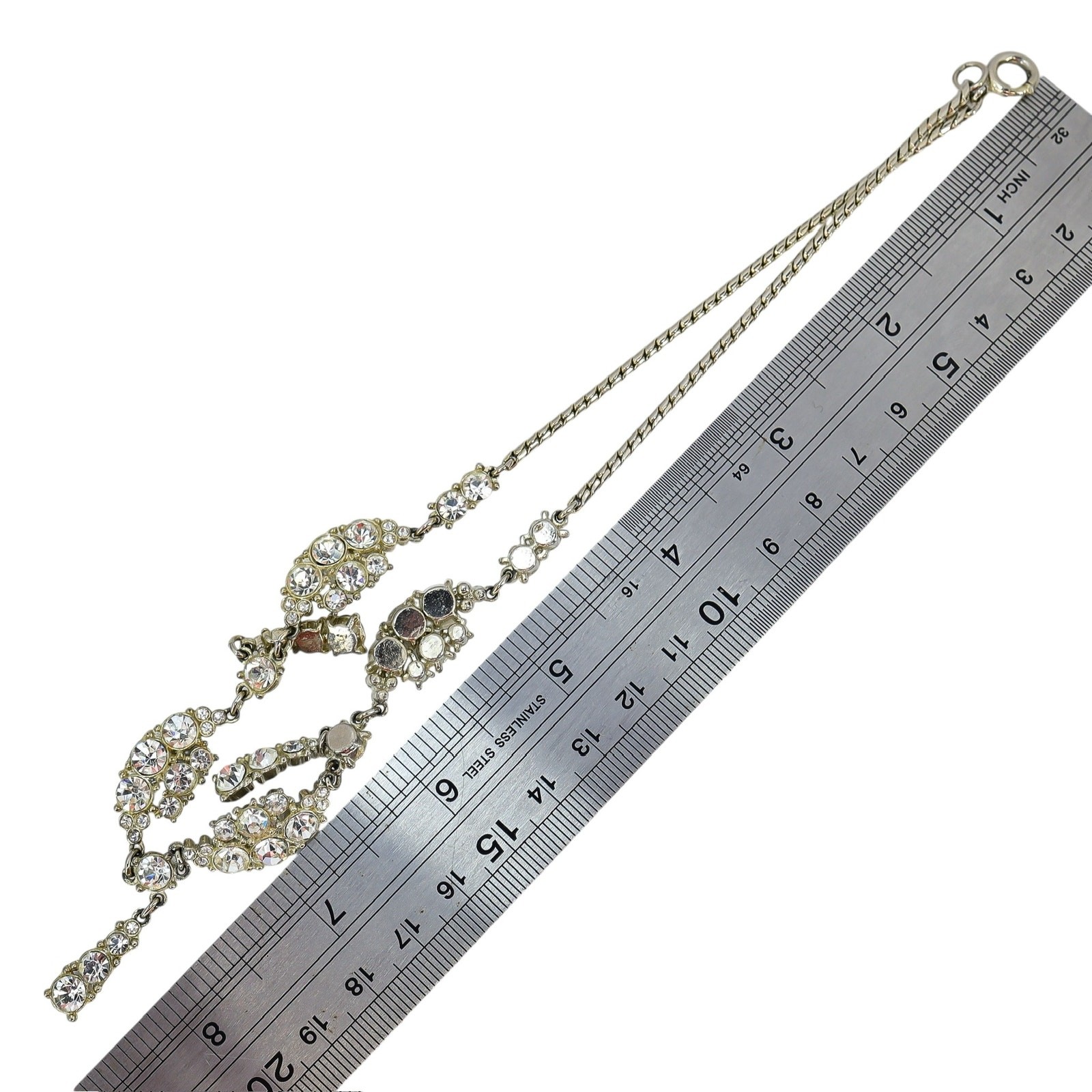 Vintage Edwardian Revival Rhinestone Festoon Necklace Dangle Garland Silver Tone