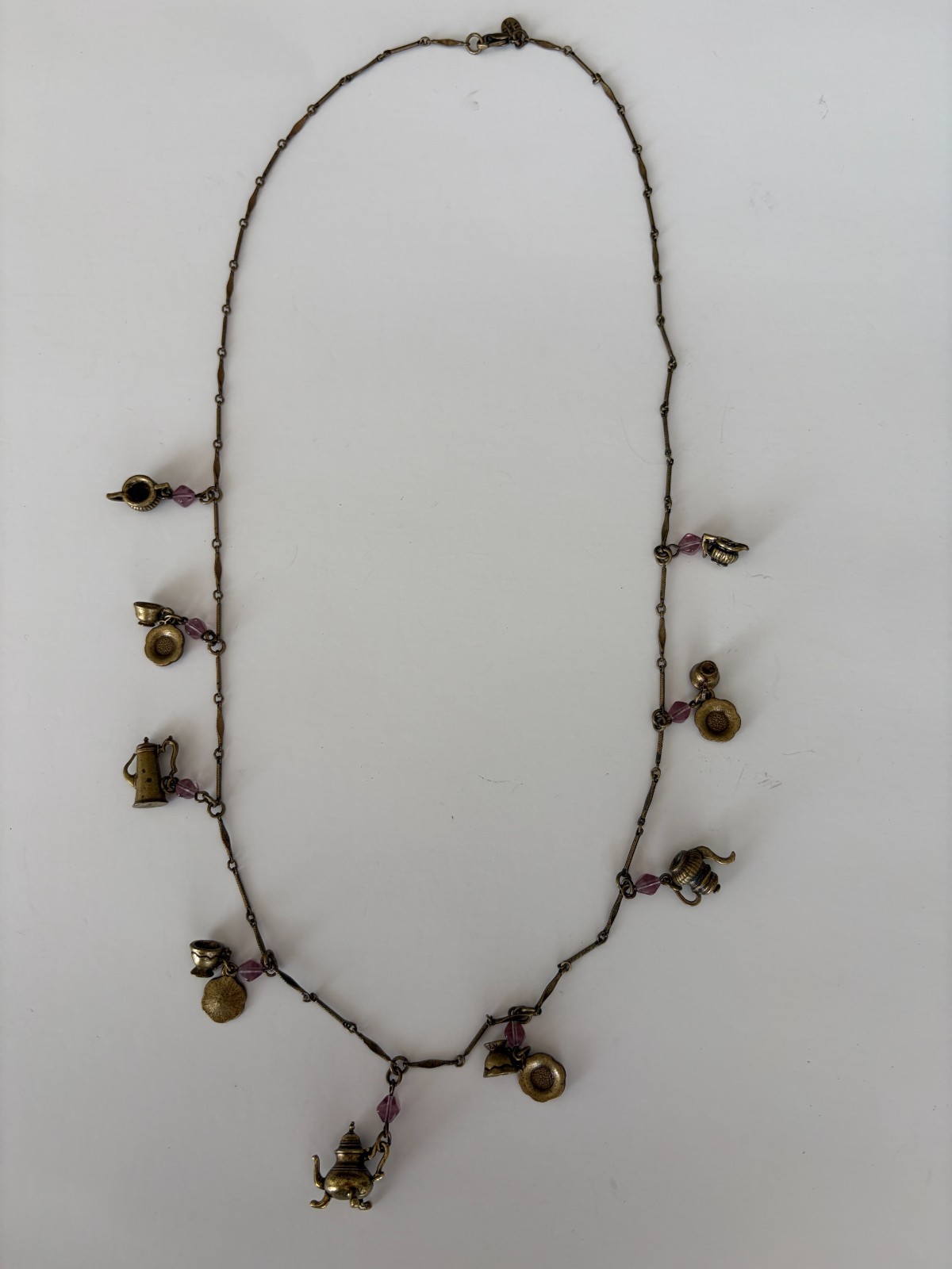 Sweet Romance USA Bronze Tone Teapot Charm Necklace w/Rose Crystal Beads 27″