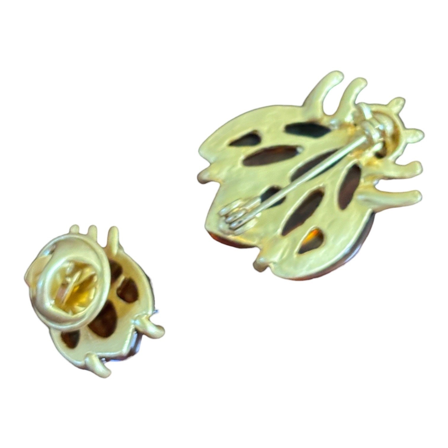 Honey Amber Ladybug Brooch & Pin Set Lucite Beetle Bug 80s Gold Tone