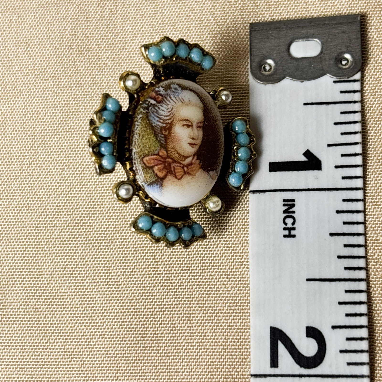 Vintage Brooch, Miniature Victorian Portrait Cameo Turquoise Bead Brooch Pin A66