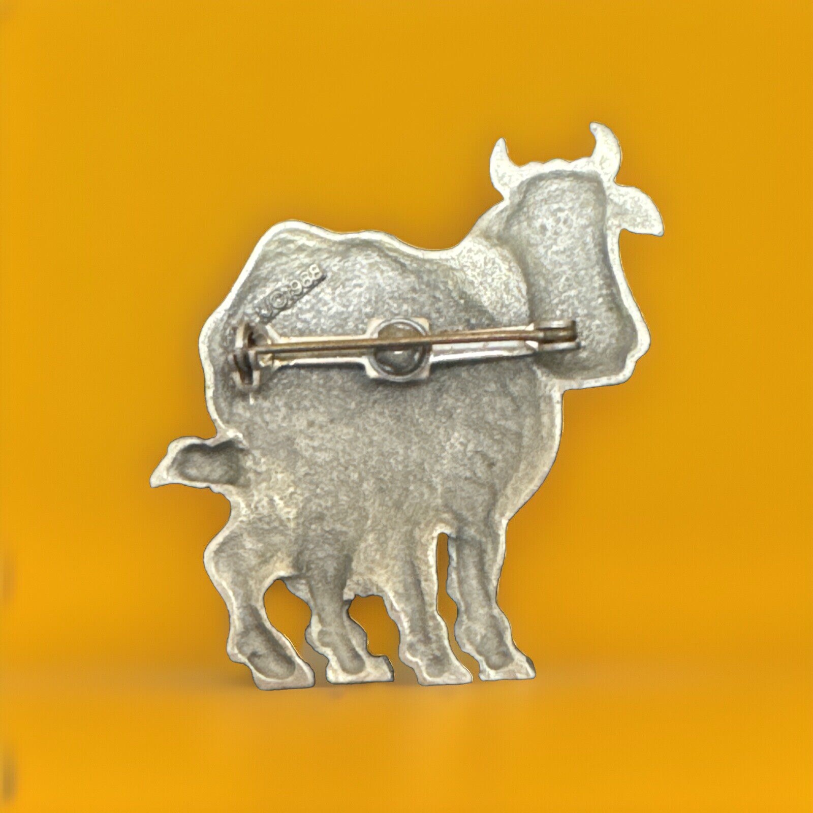 Vintage Holstein Cow Brooch Pin Brushed Matte Silver Tone Signed JJ 1988