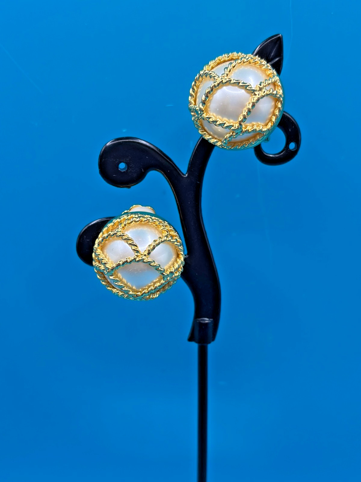 Vintage Joan Rivers Cage Earrings White Faux Pearl Gold Tone Clip-Ons Signed