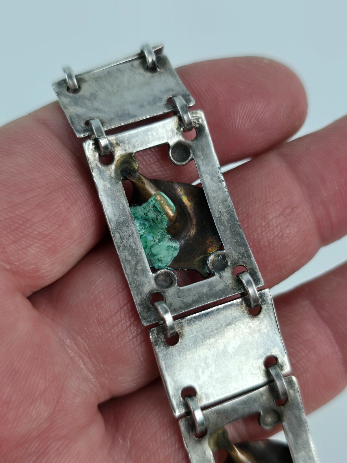Vintage Sterling Silver & Gold Filled Flower Bud Square Link Bracelet 6.75″