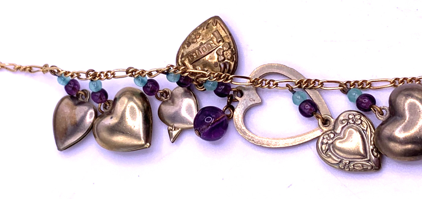 Vintage Lucy Isaacs Charm Necklace puffy hearts Victorian beaded extra long