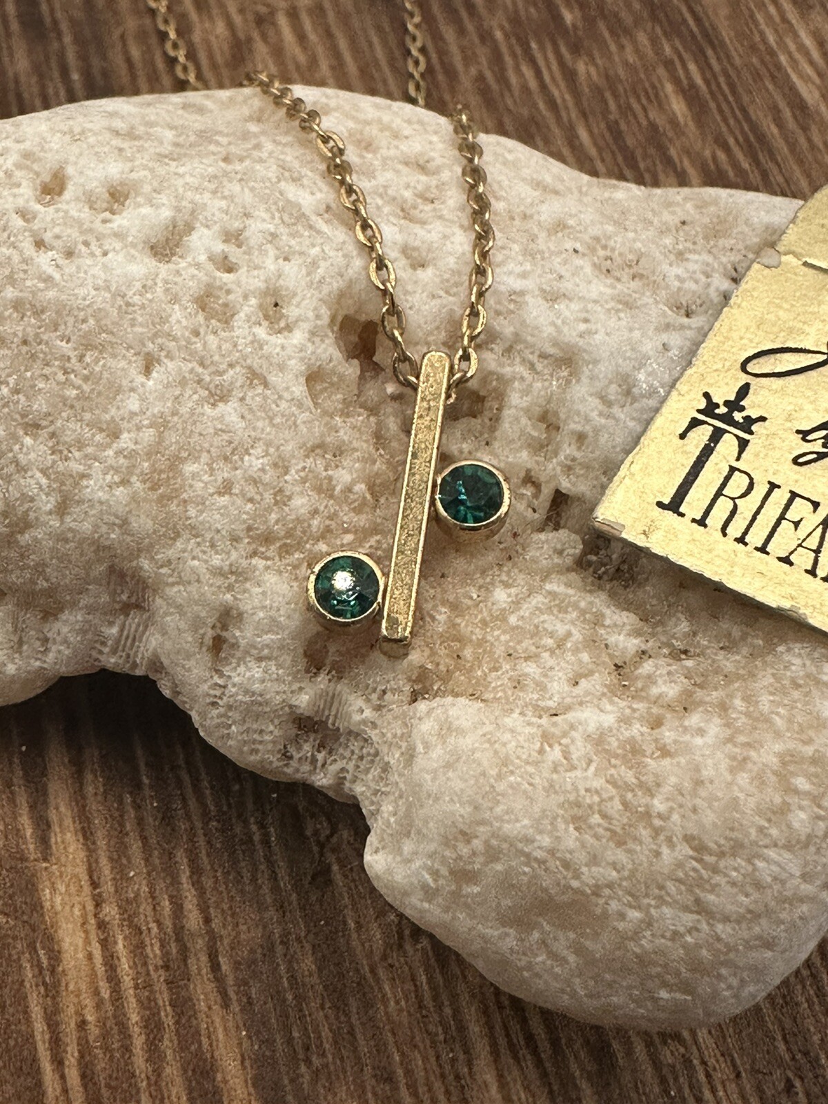 Vintage Crown Trifari Jewels Gold Birthstone Necklace MAY EMERALD Minimalist 70s