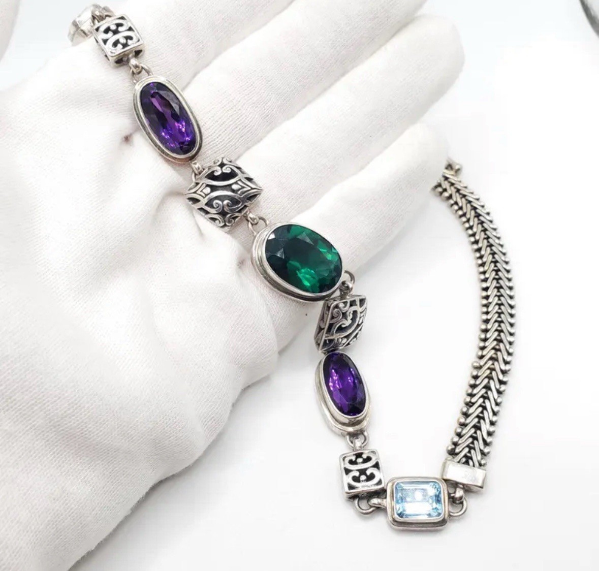 Vintage Sterling Silver Green,Purple,Blue Glass Double Cable Toggle Necklace