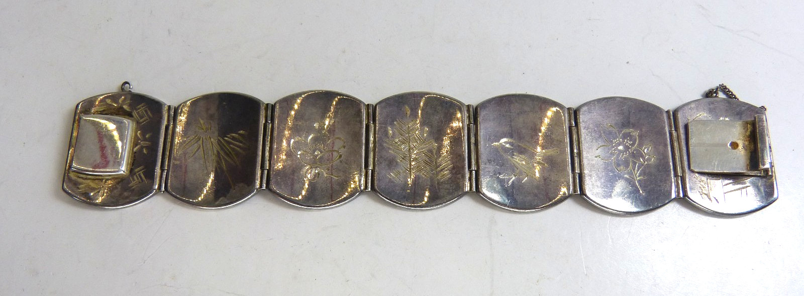 Large Antique Japanese Sterling Silver Bracelet W Mixed Metal Damascene Designs