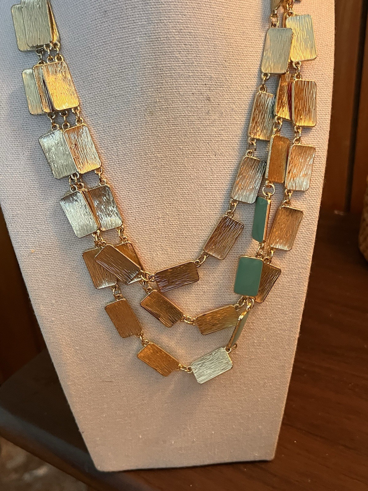 VTG Mod Geometric Enamel Panel Necklace Turquoise Coral Cream Gold Tone