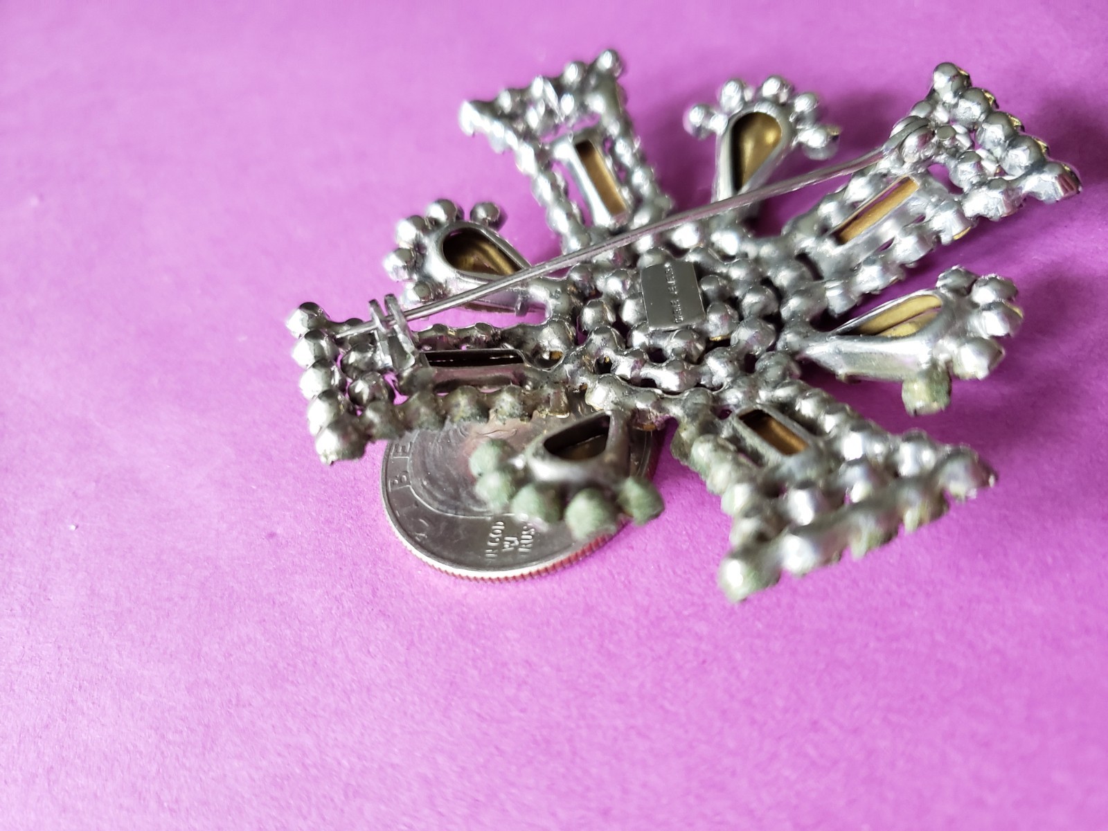 VTG GARNE New York Maltese Cross Prong Set Clear Rhinestone 2.5″ Pot Metal FAB**