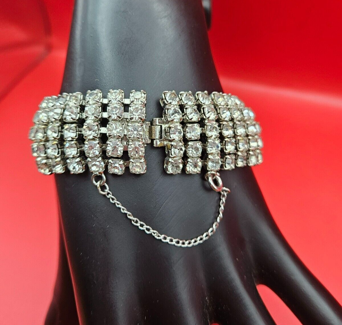 Signed WEISS Five Row ART DECO Emerald Cut and Round Clear Rhinestone Bracelet