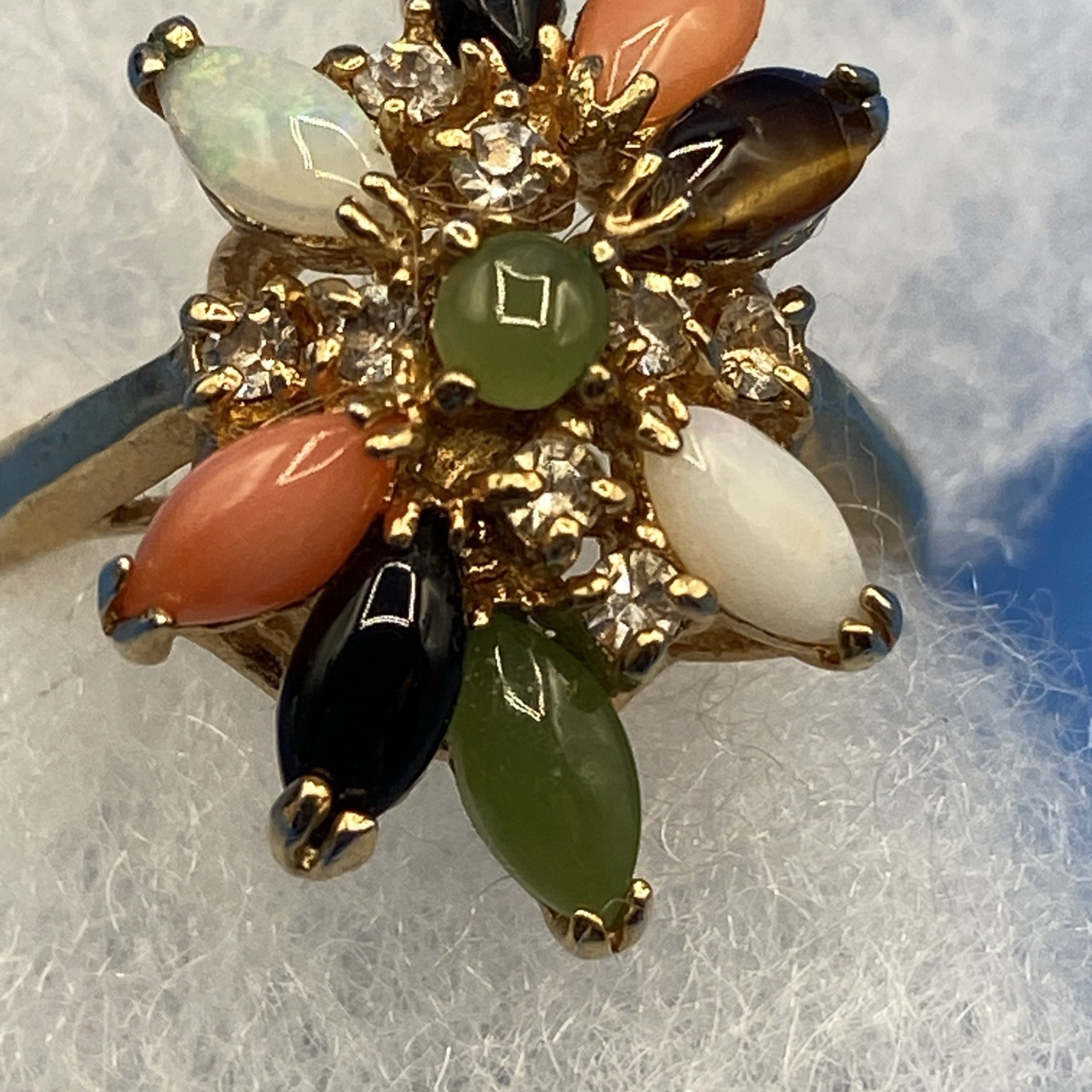 vintage RING sz 8 cluster natural stones opal coral onyx jade tigers eye GP